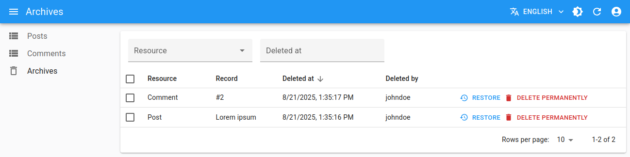 A deleted records list with deleted posts and comments
