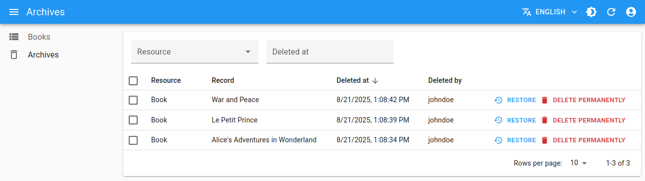 A deleted records list