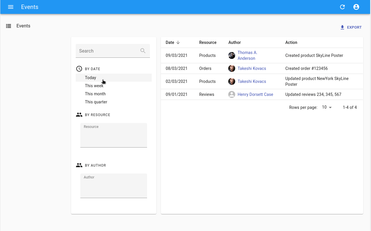 Timeline component showing a list of logs of a specific record